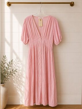Anthropologie Abel the Label Pink Linen Blend Midi Dress | Size L
